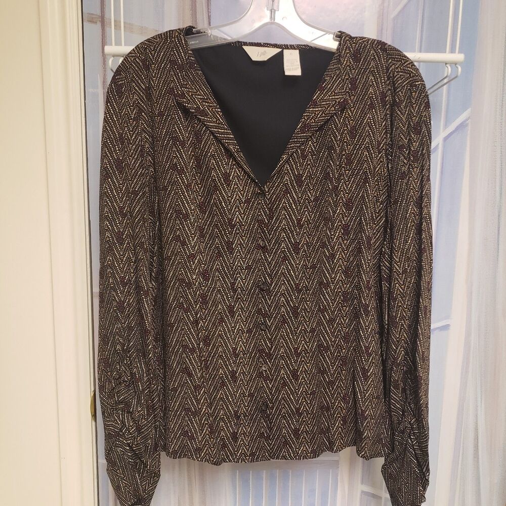 J Jill Women's Blazer  XL Multicolor Brown Chevron Button Up Ruching Sleeve Work